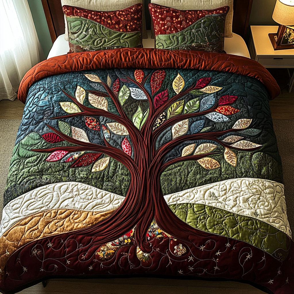 Graceful Tree Of Life Quilt Bed Set-Homacus