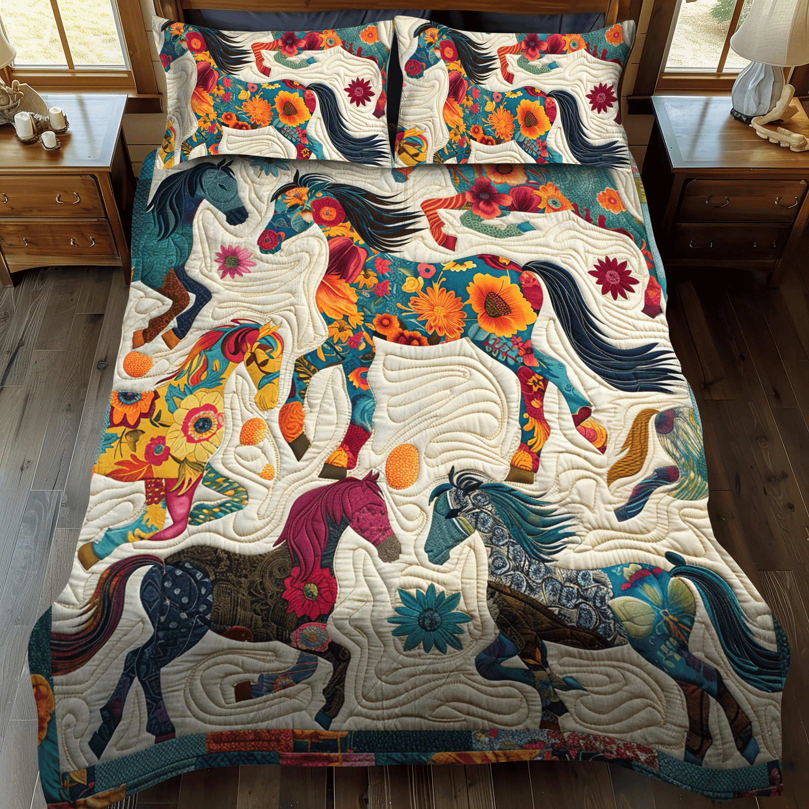 Gift For Horse Lovers Quilt Bedding Set, Colorful Floral Horse-Homacus