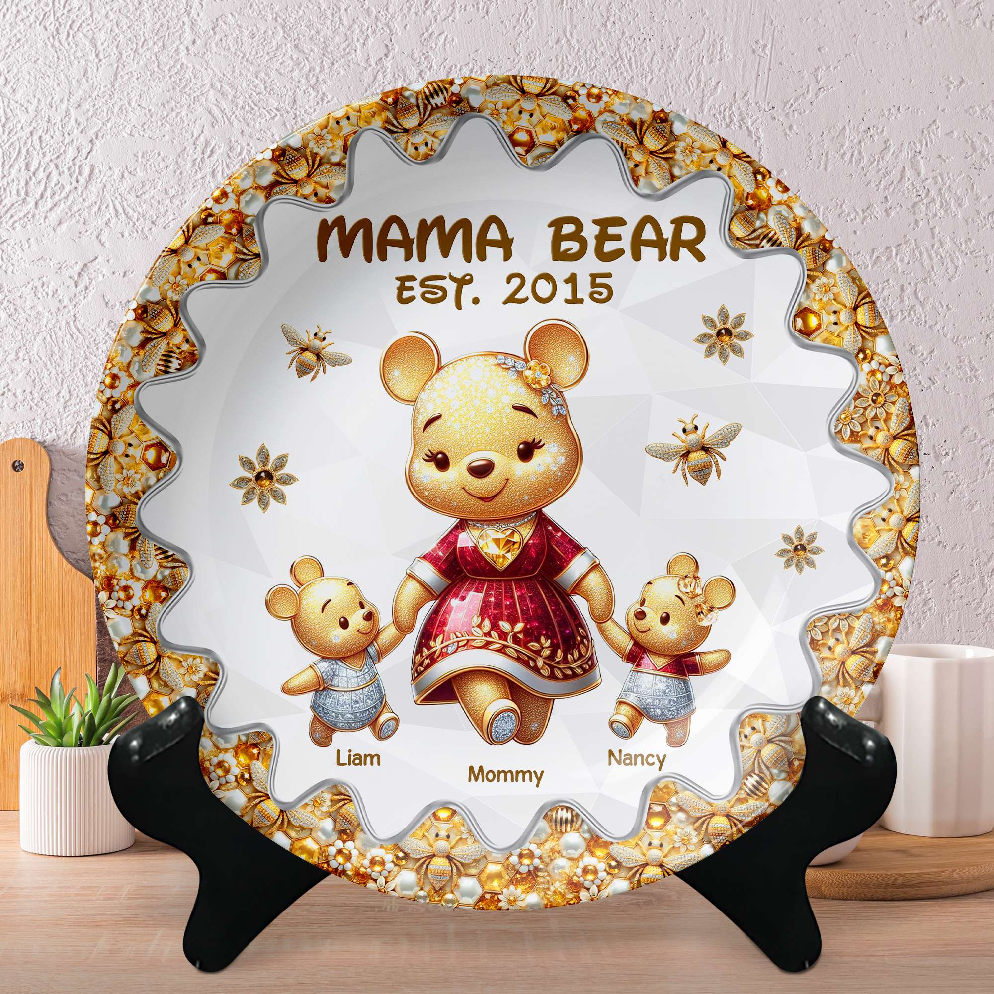 Personalized Gift For Mom Ceramic Round Plate Mother's Day Bear Mom And Kids 02TGPU210325-Homacus