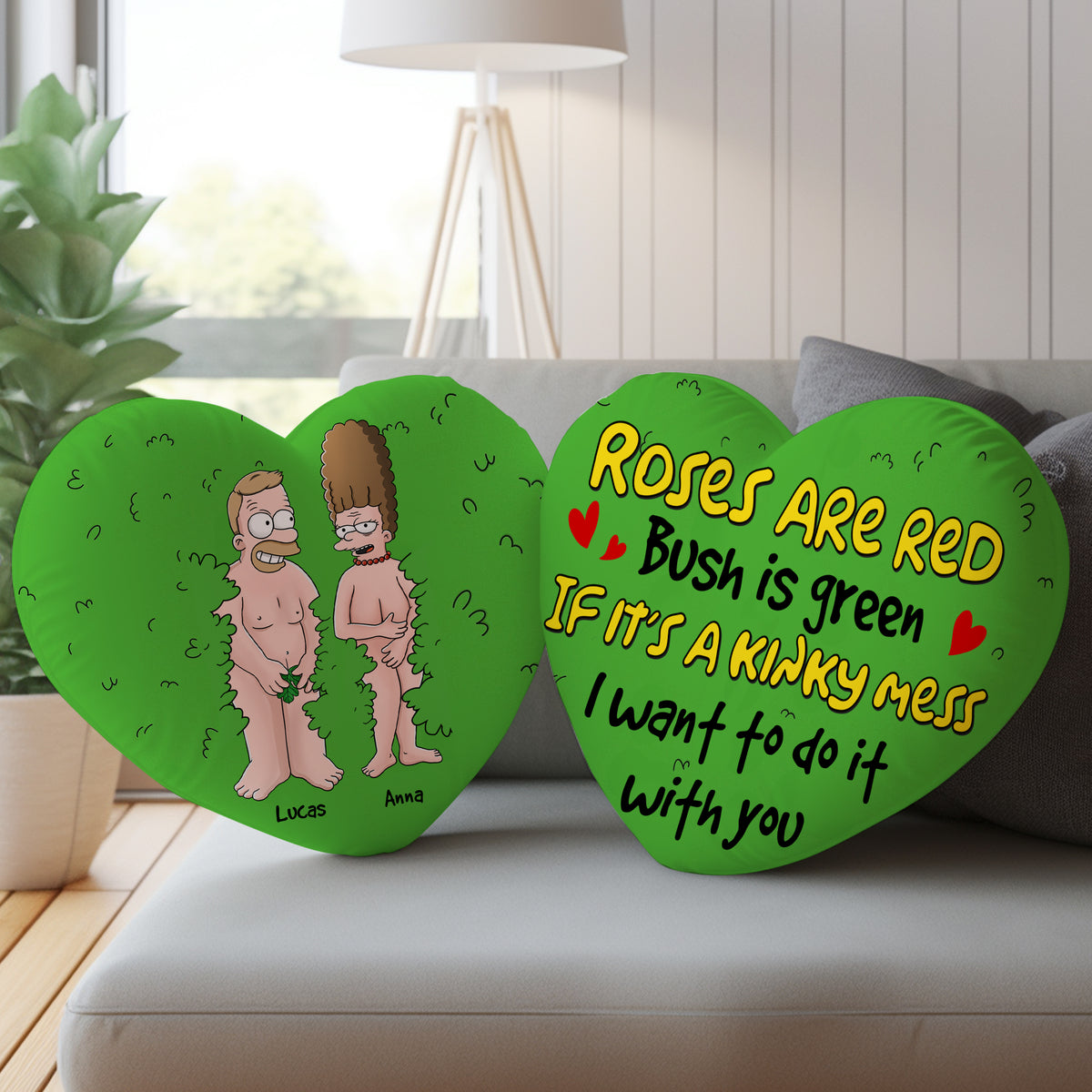 Personalized Gifts For Couple, Naughty Couple Hiding In Bush Heart Shaped Pillow 03qhtn090724hg-Homacus