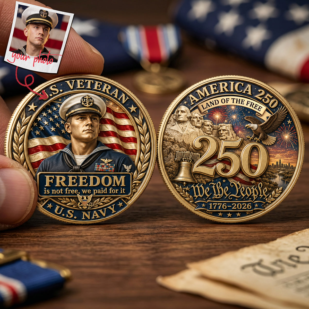 Custom Photo Veteran USA 250th Anniversary Metal Coin - Personalized Gifts For Veterans 03pata060626