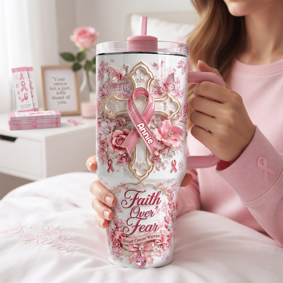 God Be With His Pink Fighter 40oz Tumbler With Handle - Personalized Gifts For Breast Cancer Warrior 02QHLU030826-Homacus