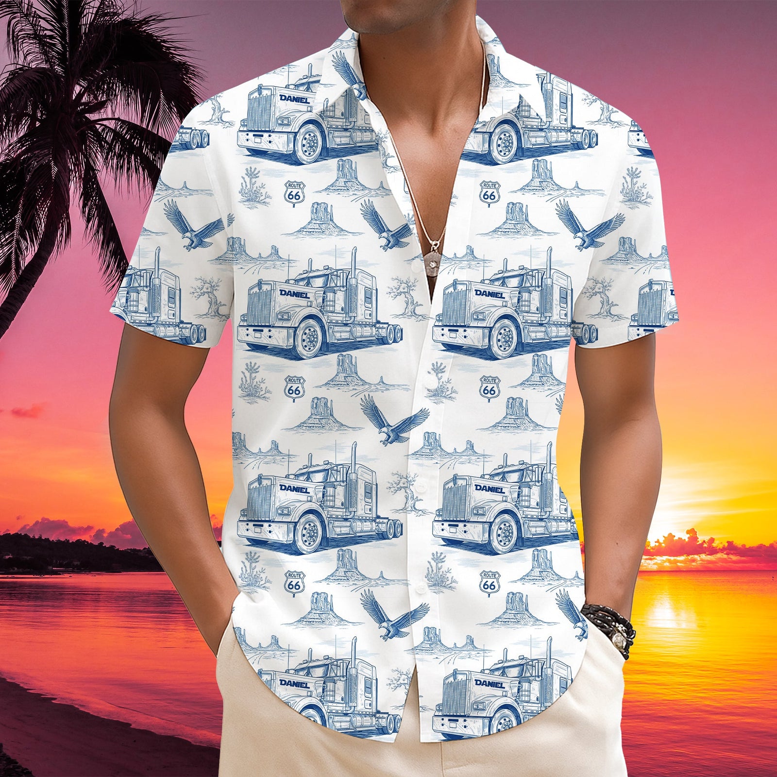 Vintage Blue Toile Pattern Hawaiian Shirt - Personalized Gifts For Trucker 03QHLU110625-Homacus