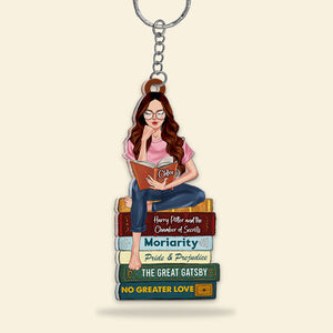 Personalized Gifts For Book Lovers Keychain Reading Girl With Custom Book Titles-Homacus