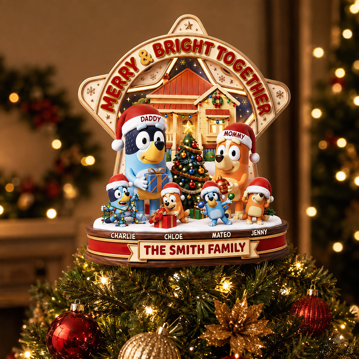 Merry & Bright Together Christmas Tree Topper - Personalized Gifts For Family 03todt170826
