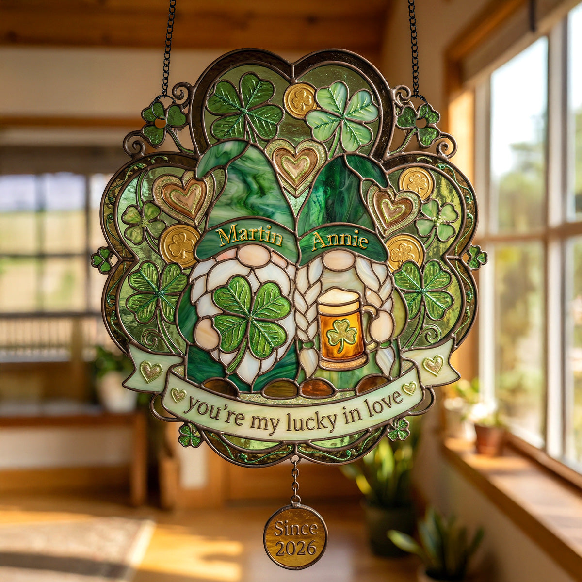 Lucky In Love - Personalized Gifts For Couple Suncatcher Ornament 04PAMG100226-Homacus