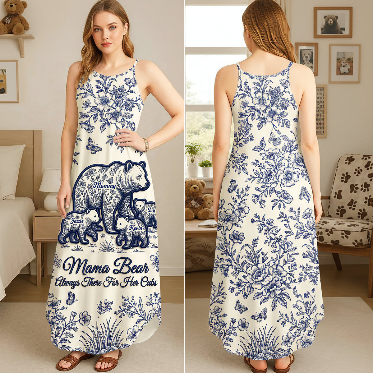 Toile De Jouy Bear Mom Dress - Personalized Gifts For Mother's Day Suspender Maxi Dress 01NATA250326-Homacus
