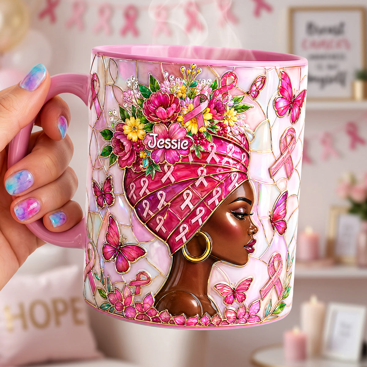 Cancer Fighter Girly Accent Mug - Personalized Gifts For Breast Cancer Warriors 02QHTA030826-Homacus