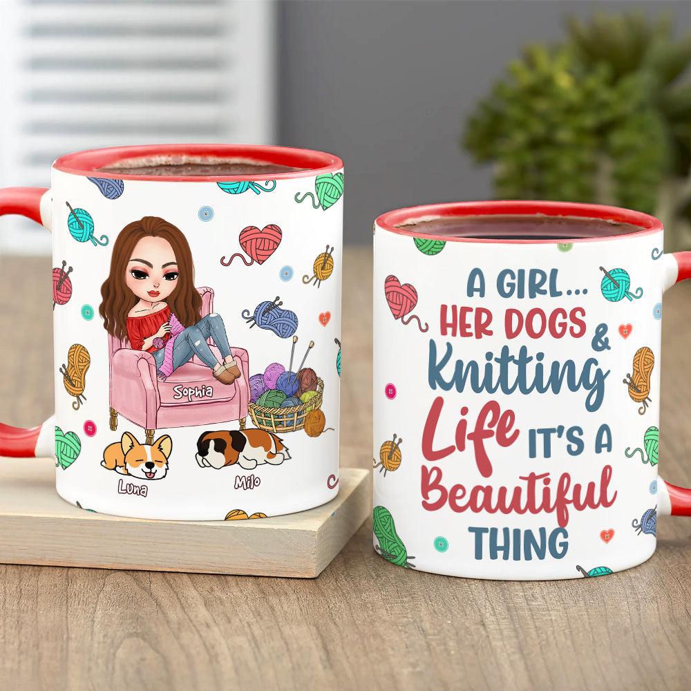 Personalized Gifts For Knitting Lover Accent Mug Women Sitting Knitting With Dog 04XQPU010824HH-Homacus