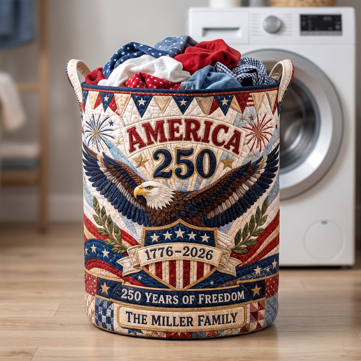America 250th Anniversary Quilted Laundry Basket - Personalized Gift For Patriotic Family 06HADH300626