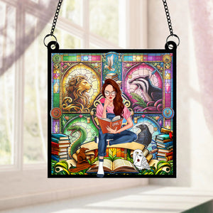 Personalized Gifts For Book Lovers Suncatcher 03HUPU010824TM Girl Sitting Reading Books-Homacus