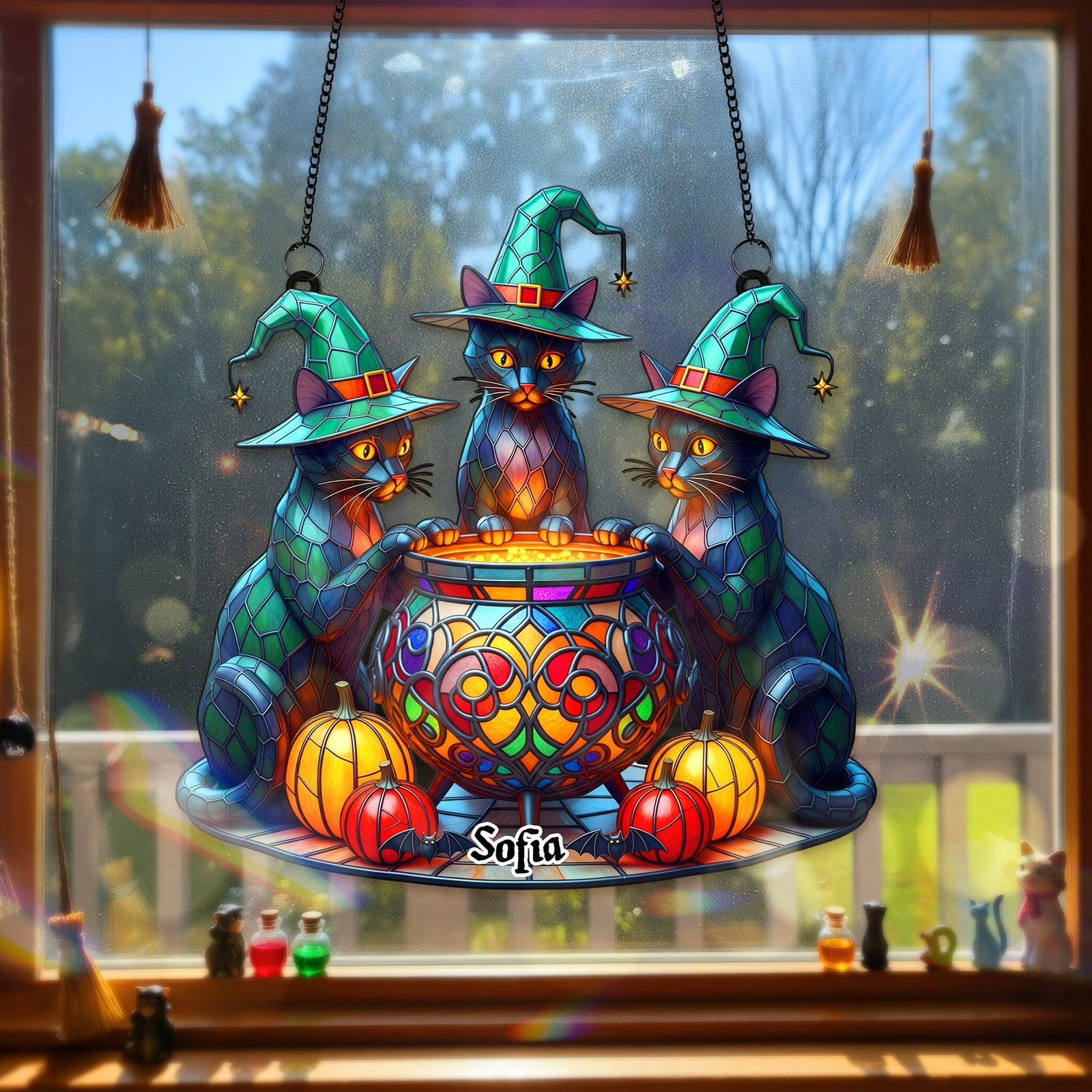 Witch Cat Suncatcher Ornament - Personalized Gifts For Halloween 03NAMG120825-Homacus