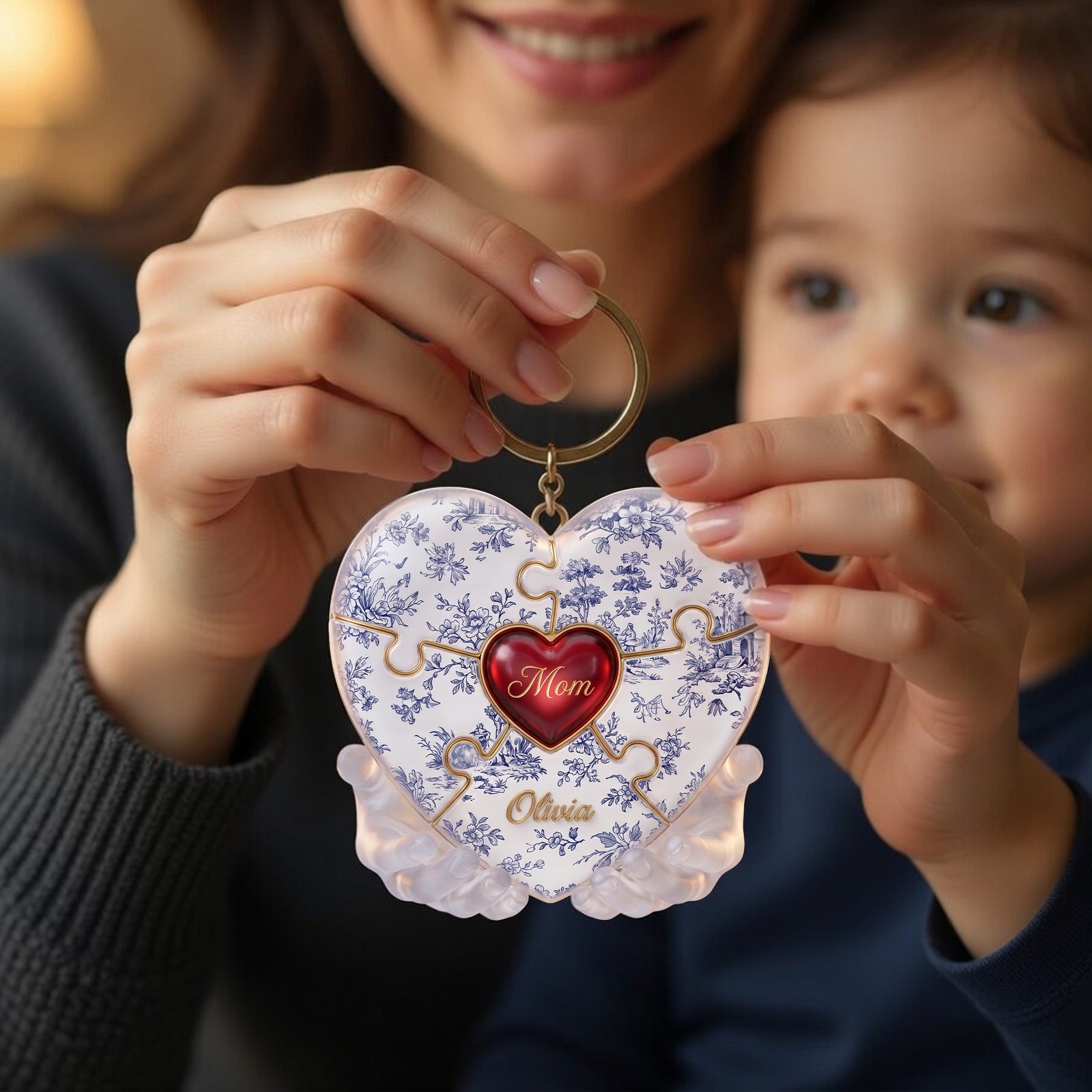 Toile De Jouy Mommy Puzzle Heart Keychain Personalized Gifts For Mom 01PALU240426
