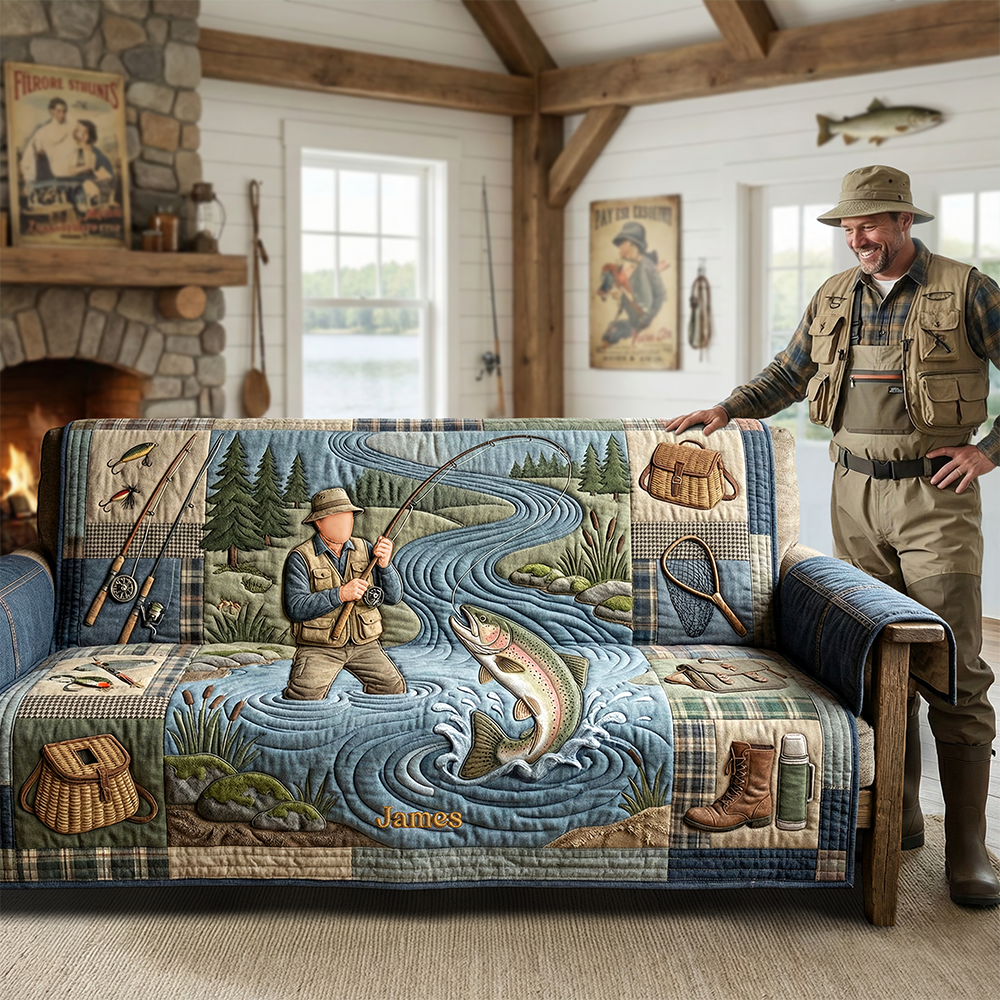 Hooked On Fishing Quilted Sofa Cover - Personalized Gifts For Fishing Lovers 03PATA260126-Homacus