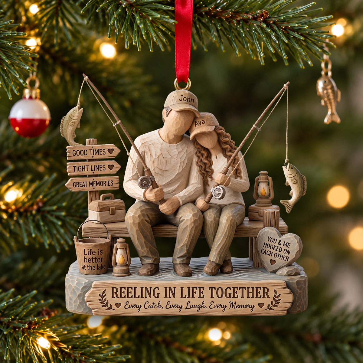 Attached Fishing Couple Wood Effect Ornament - Personalized Gifts For Fishing Lovers 04qhlu011026