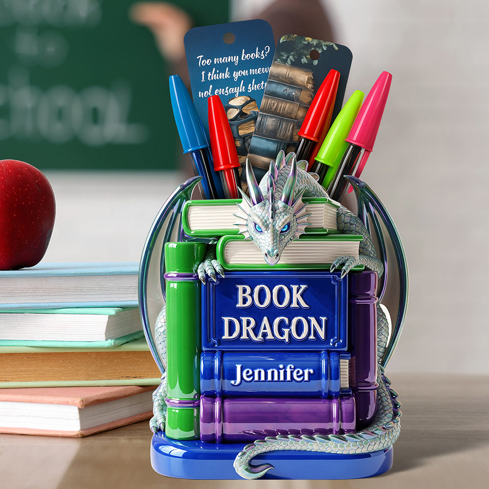 Book Dragon Wooden Pen Holder – Personalized Gifts for Book Lovers 02naqn010825-Homacus
