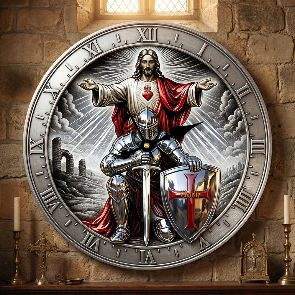 Kneel Templar Knight Jesus Wall Clock, Personalized Gifts For Christians 02qhta190126-Homacus