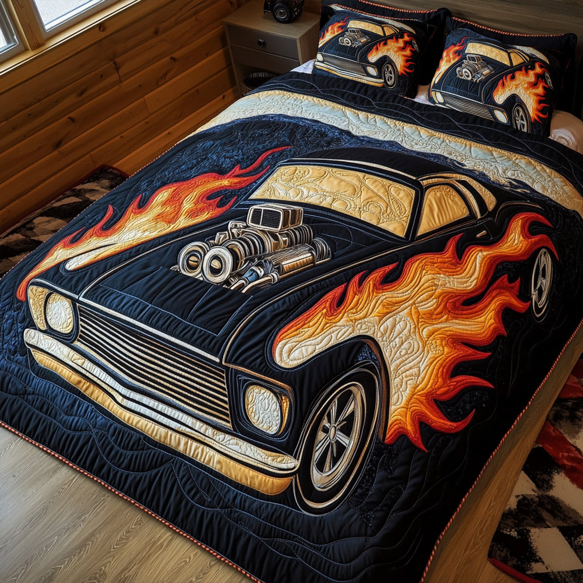 Flaming Muscle Car Quilt Bed Set Special Line - Personalized Gift For Racing Lovers 02TGLU120725-Homacus