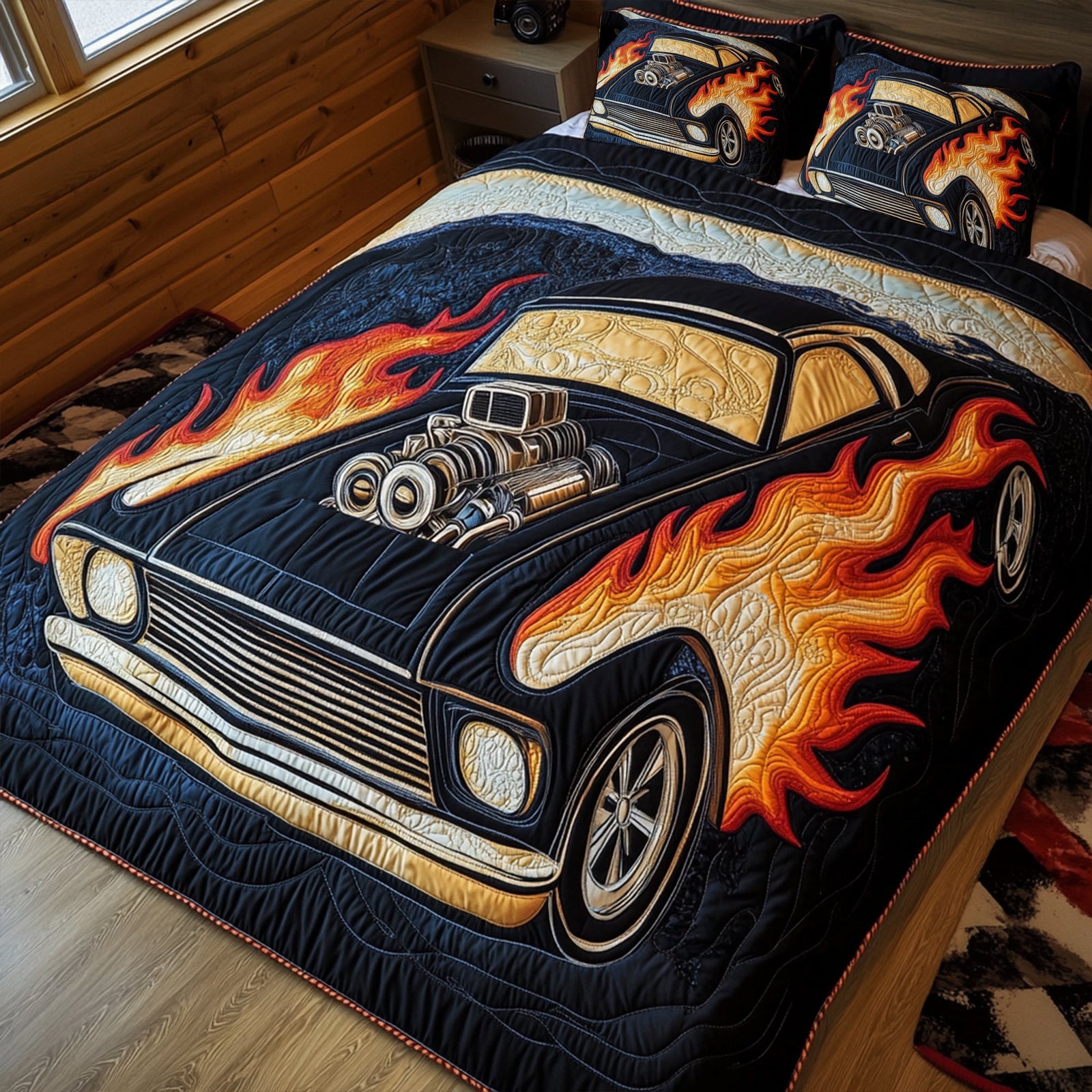Flaming Muscle Car Quilt Bed Set Special Line - Personalized Gift For Racing Lovers 02TGLU120725-Homacus
