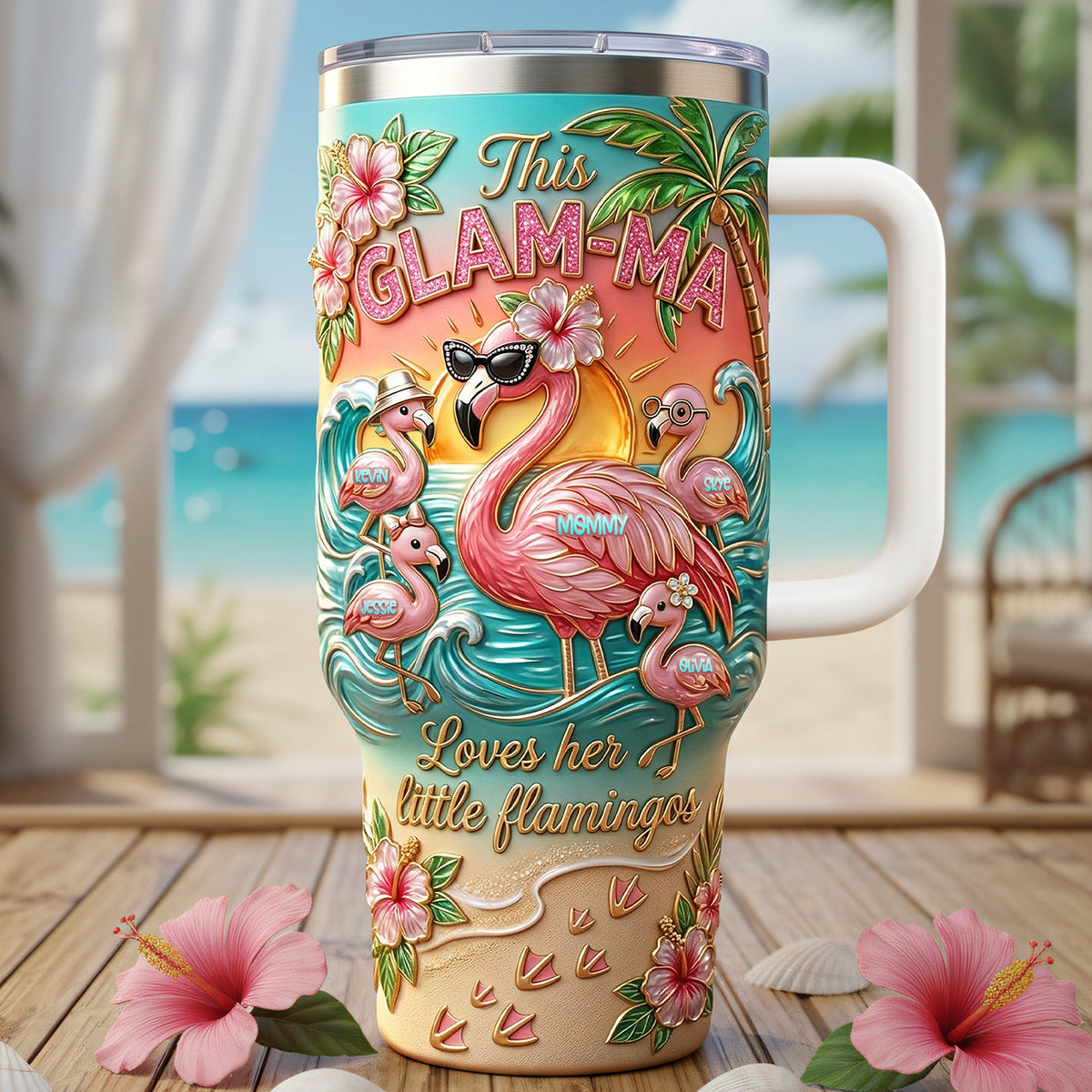 Beach Theme Flamingo Mom And Kids 40oz Tumbler - Personalized Gifts For Mother's Day Tumbler 03PATA070426-Homacus