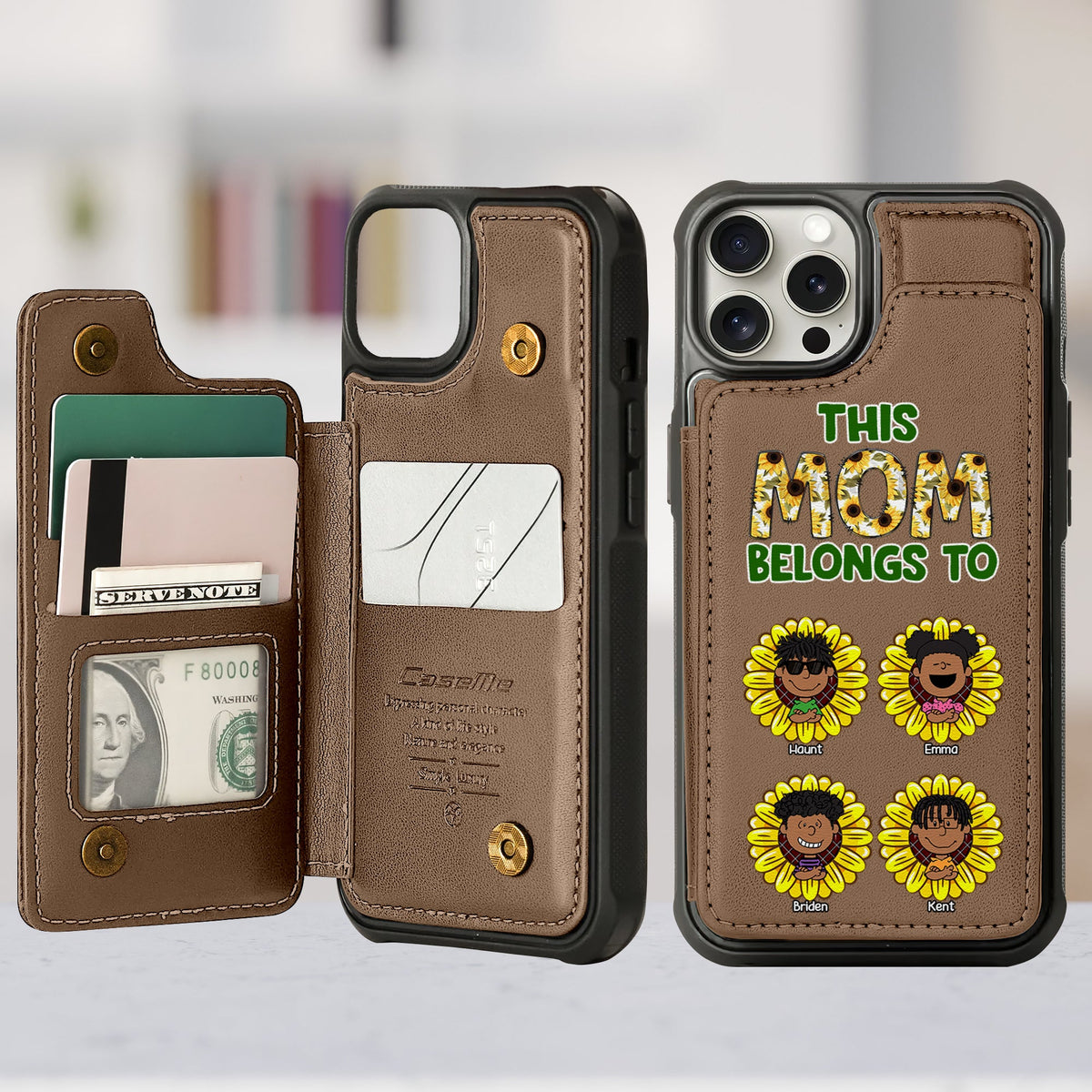 Personalized Leather Flip Wallet Phone Case For Mom, Adorable Sunflower Kids 02XQLU190225HH-Homacus