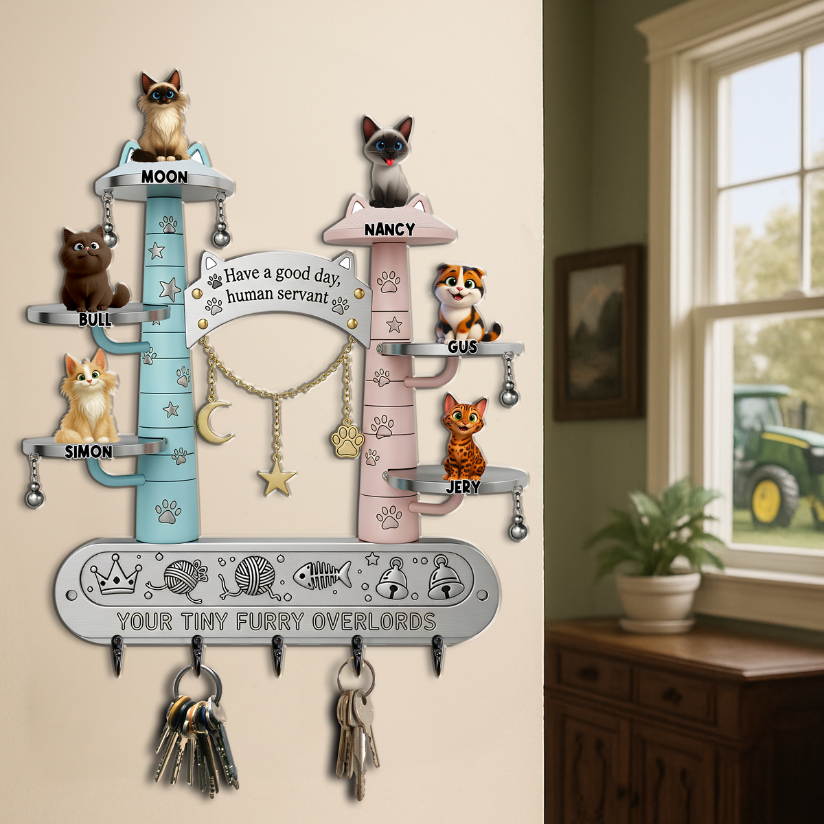 Tiny Fluffy Cat Wood Key Hanger - Personalized Gift For Cat Lovers 01TGLU290725-Homacus