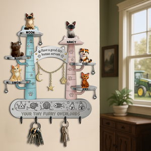 Tiny Fluffy Cat Wood Key Hanger - Personalized Gift For Cat Lovers 01TGLU290725-Homacus