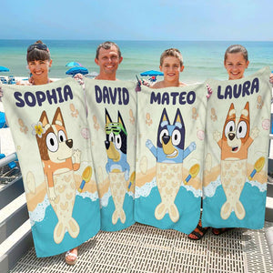 Personalized Gifts For Family Beach Towel 01HUDT100624 Mermaid Dog Family On The Beach-Homacus