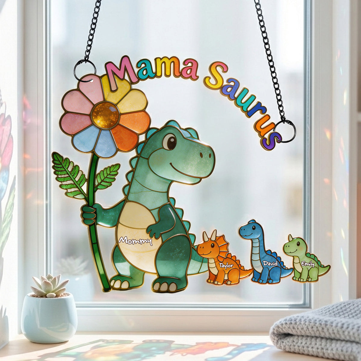 Mama-saurus & Her Tiny Roar Crew Suncatcher - Personalized Gifts For Moms 01NALU100426-Homacus