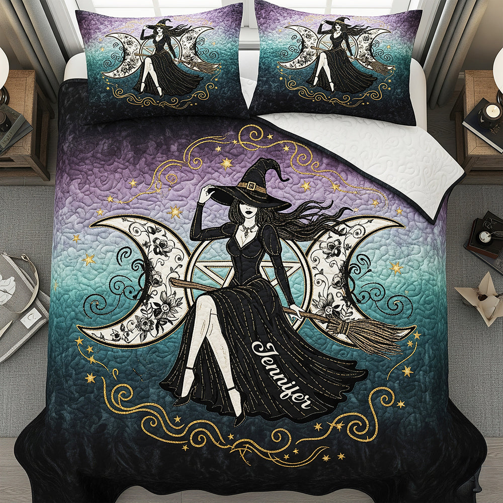Mystic Witch Triple Moon Quilt Bed Set, Personalized Gifts For Wiccans 02qhqn280725-Homacus