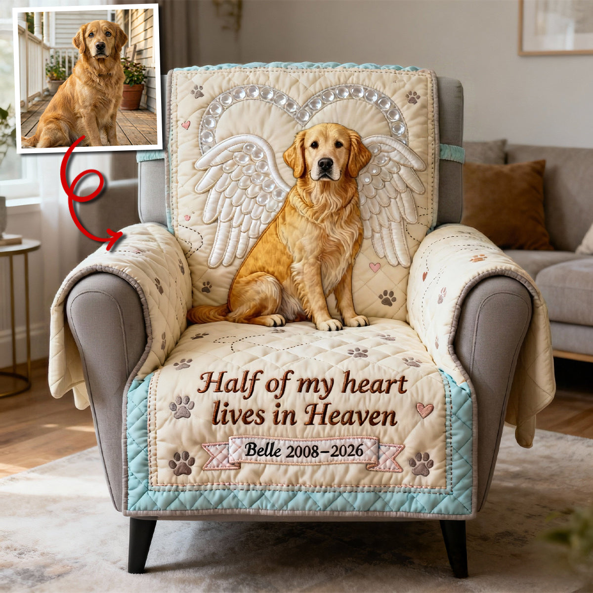 Dog Cat In Heaven Quilted Armchair Cover, Personalized Keepsake to Remember Departed Pet 05qhtn270126-Homacus