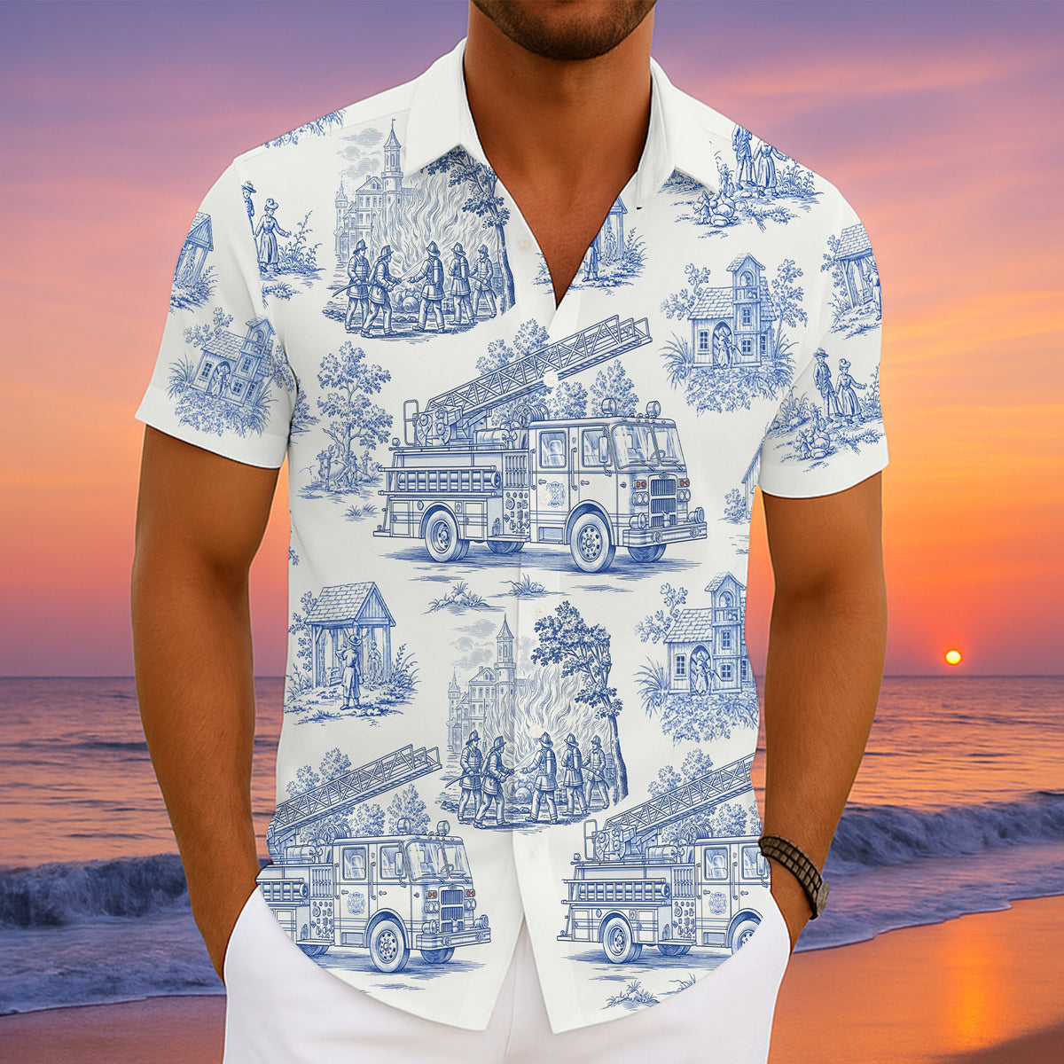 Personalized Gifts For Firefighter Hawaiian Shirt, Vintage Toile Blue Fire Truck Pattern 03qhtn110625-Homacus