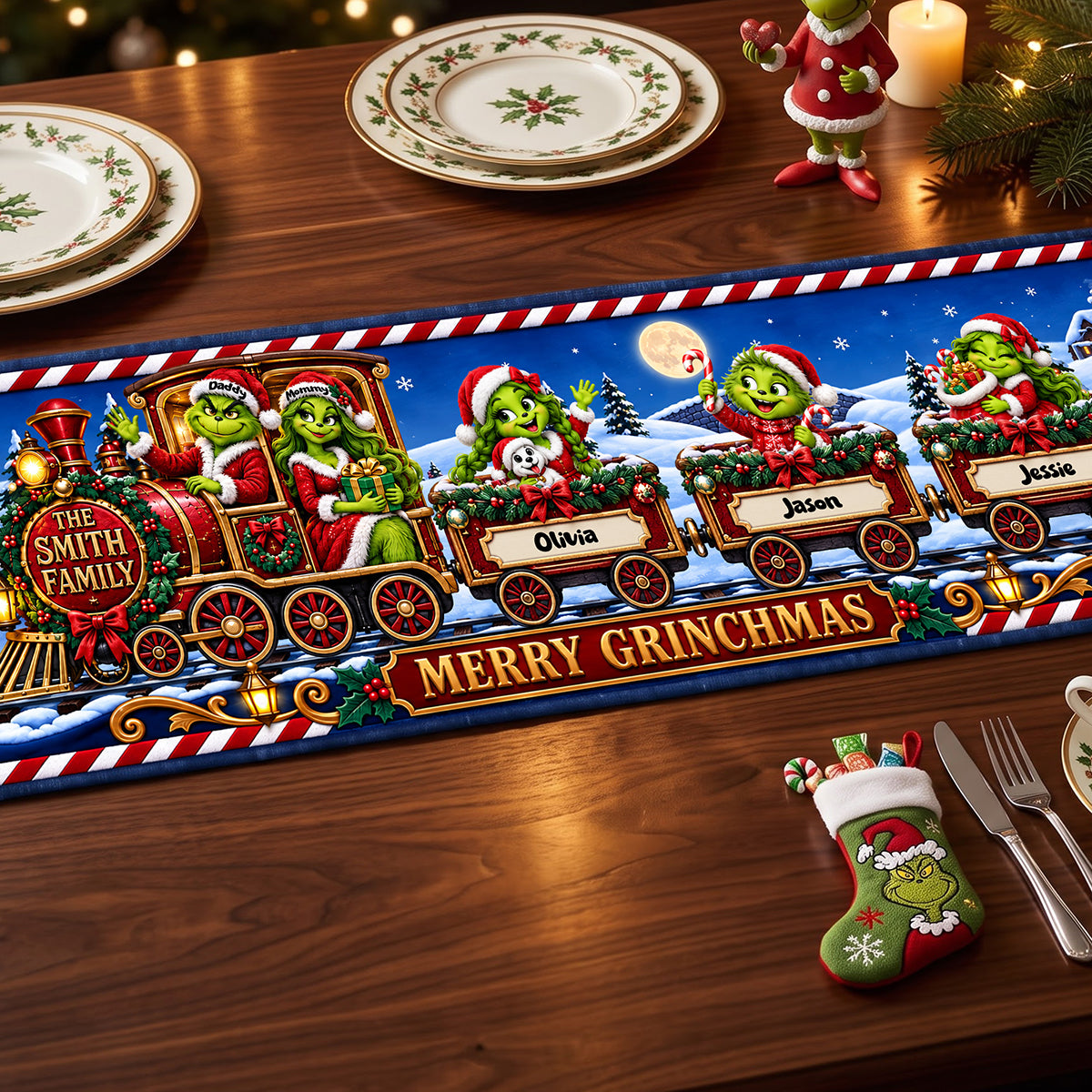 Family Christmas Train Table Runner - Personalized Gifts For Family Quilted Table Runner 04TYTA240926