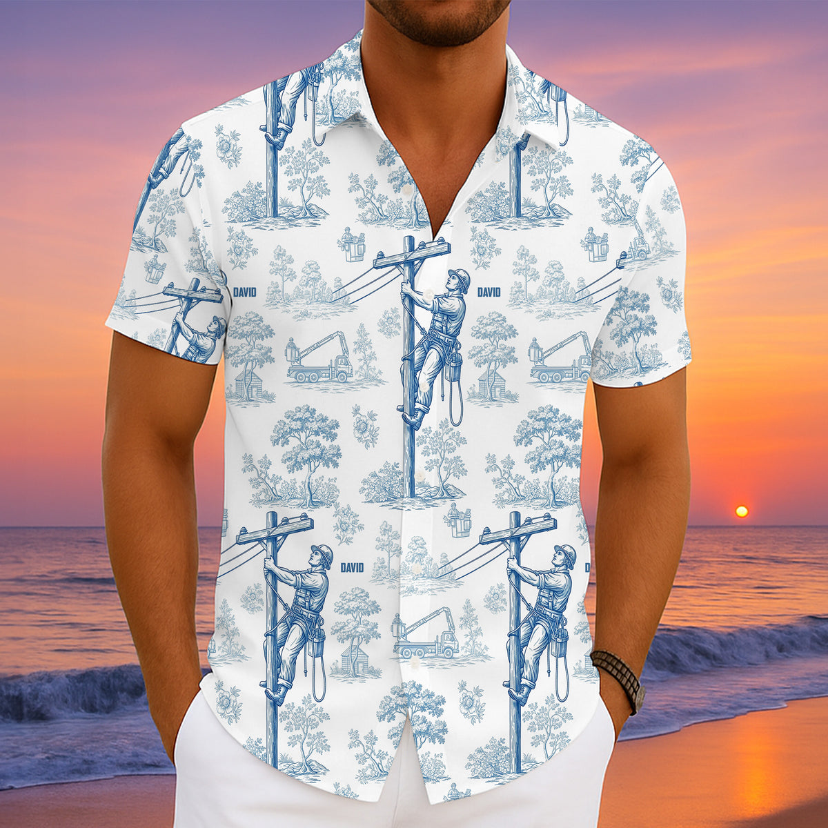 Vintage Toile Blue Pattern Hawaiian Shirt - Personalized Gifts For Lineman 02qhtn120625-Homacus