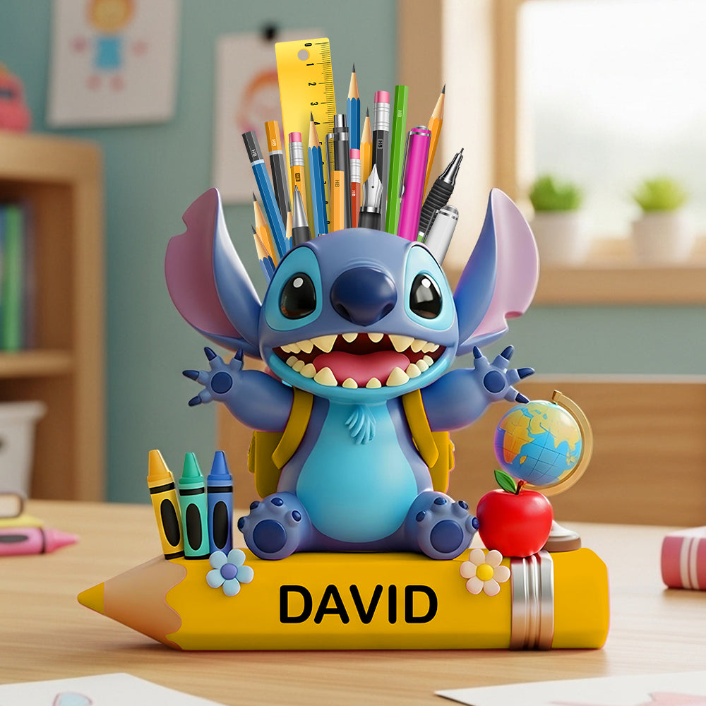 Blue Cartoon Alien Wooden Pen Holder - Personalized Gifts For Kids 02totn240725-Homacus