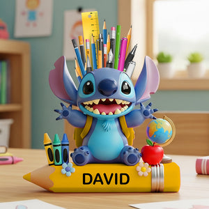 Blue Cartoon Alien Wooden Pen Holder - Personalized Gifts For Kids 02totn240725-Homacus