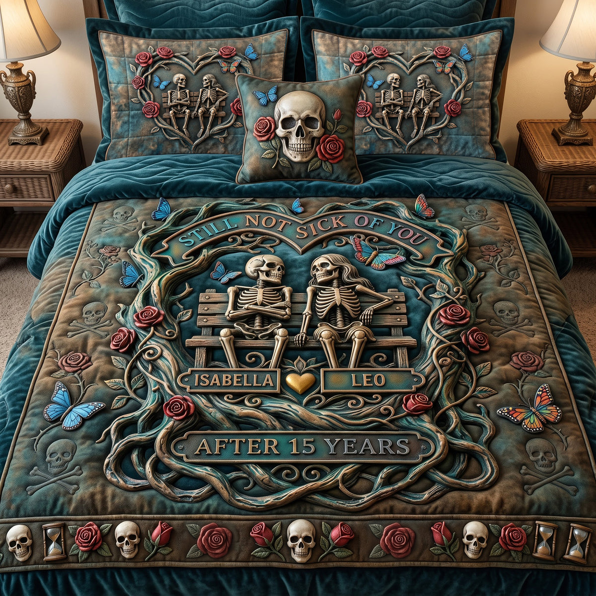 Fun Attached Skull Couple Quilt Bed Set, Personalized Gifts For Couple 02qhlu110826