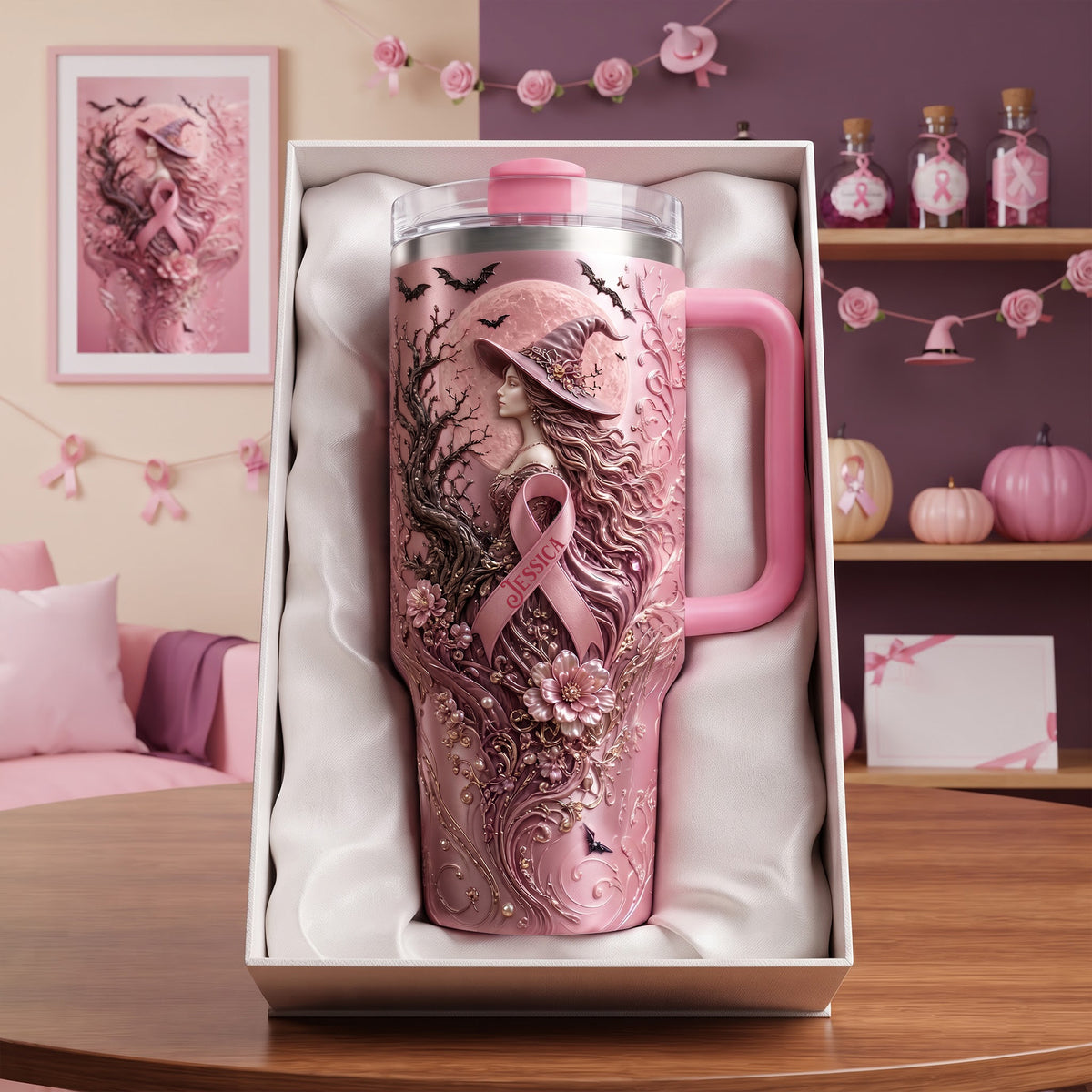 Pink Witches Ribbon Breast Cancer Awareness Colorful 40oz Tumbler With Handle - Personalized Gifts For Cancer Awareness 04palu100826-Homacus