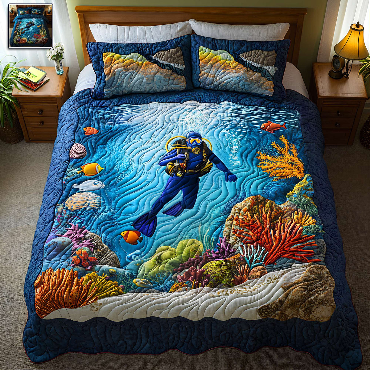 Blue Ocean Quilt Bed Set Gifts For Scuba Diving Lovers 01TGLU300625-Homacus