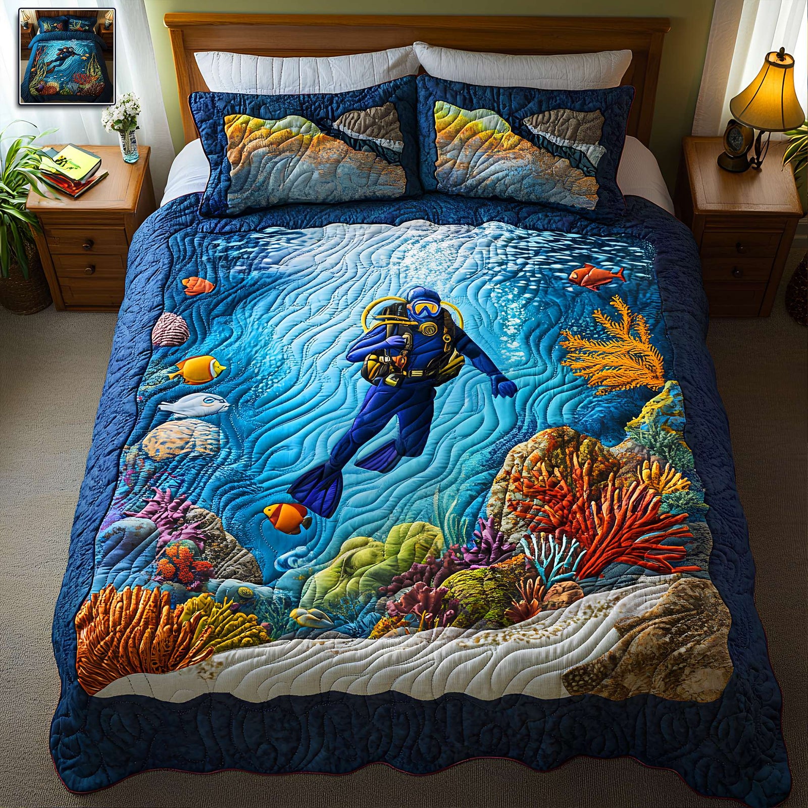 Blue Ocean Quilt Bed Set Gifts For Scuba Diving Lovers 01TGLU300625-Homacus