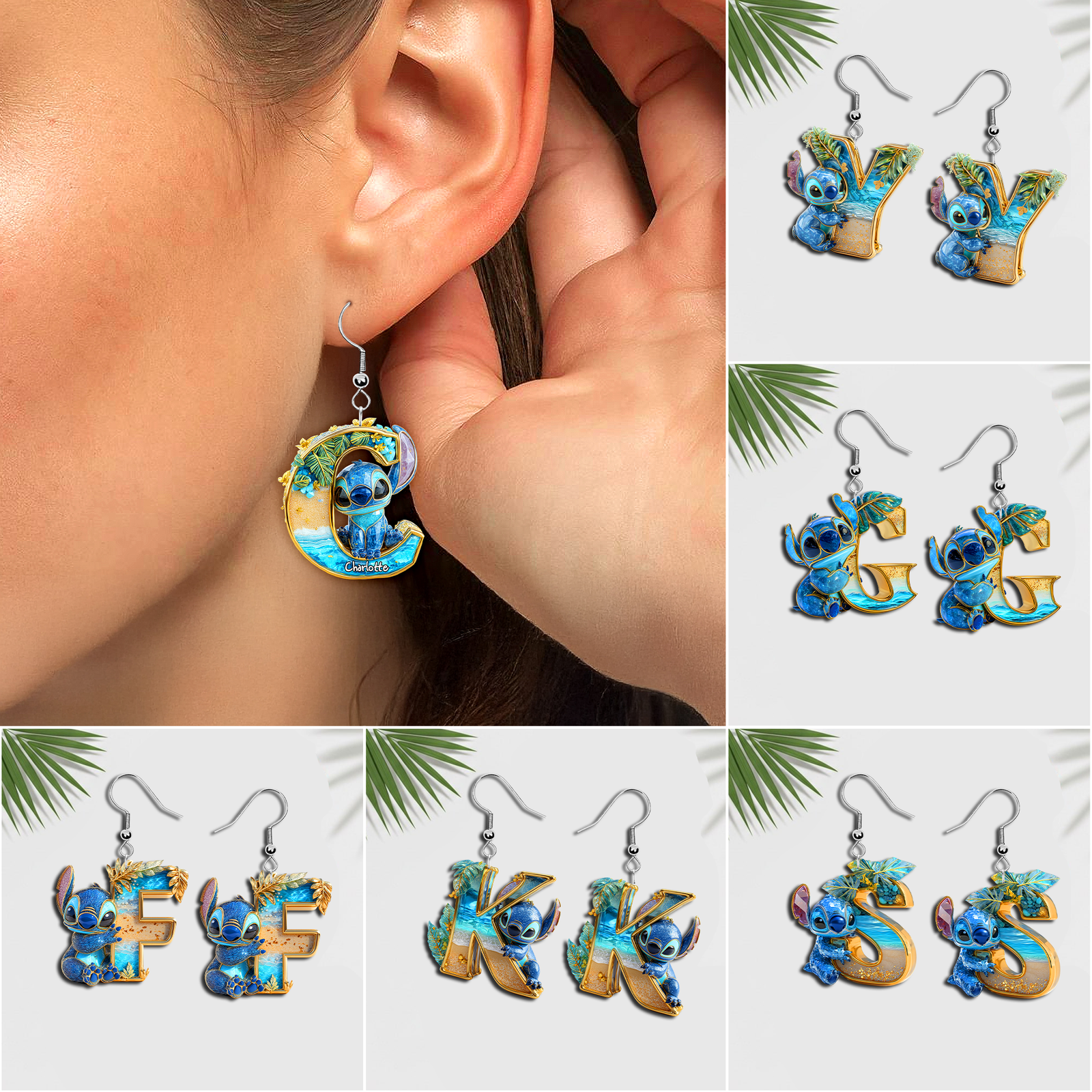 Blue Monsters Alphabet Earrings - Personalized Gift For Her 05TGLU130625-Homacus