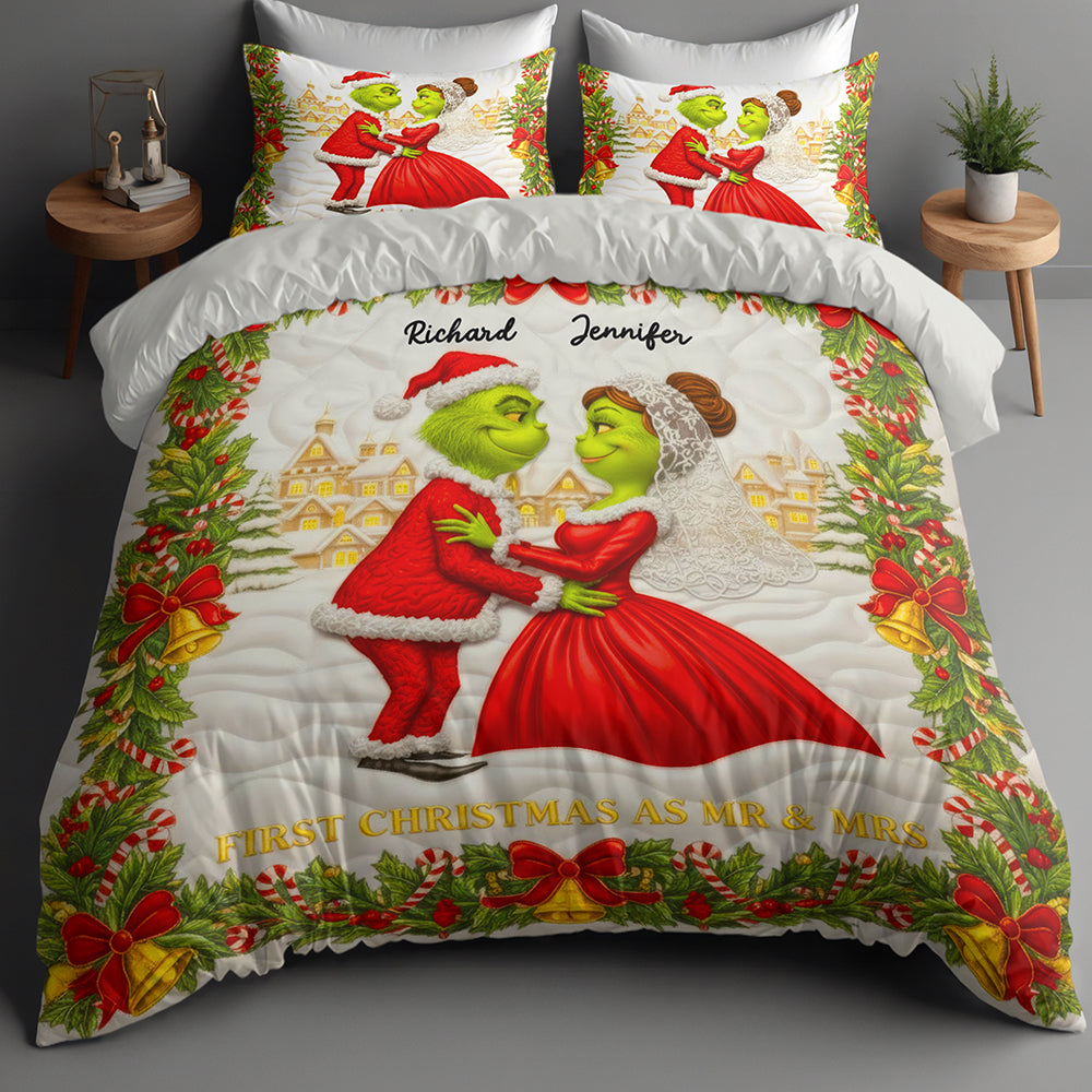 Green Monster Couple Christmas Quilt Bedding Set - Personalized Gifts For Couples 07PAQN041125-Homacus