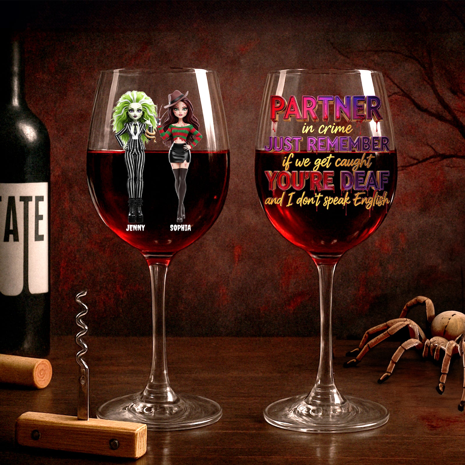 Spooky Dolls Personalized Halloween Gifts For Drinking Lovers Besties Wine Glass 05natn250825-Homacus