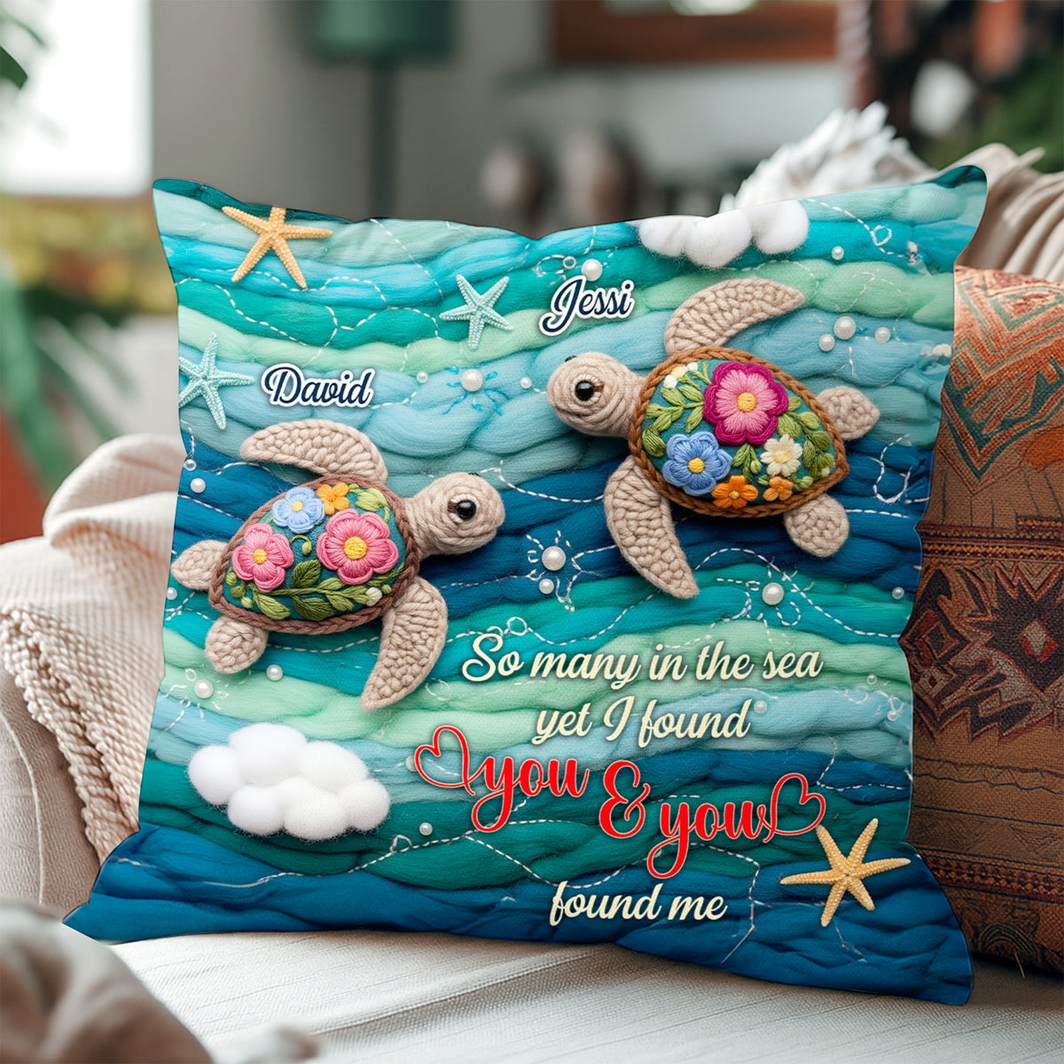 Ocean Turtle Couple Square Pillow - Personalized Gifts For Couple 01NALU200625-Homacus
