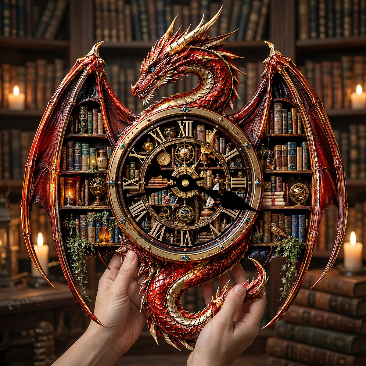 Vintage Dragon Bookstore Wall Hanging Clock, Personalized Gifts For Book Lovers 02qhdt240726
