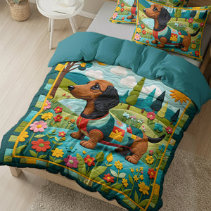 Dachshund Dogs In Floral Garden Quilt Bed Set Gift For Dog Lovers 04HULU200125-Homacus