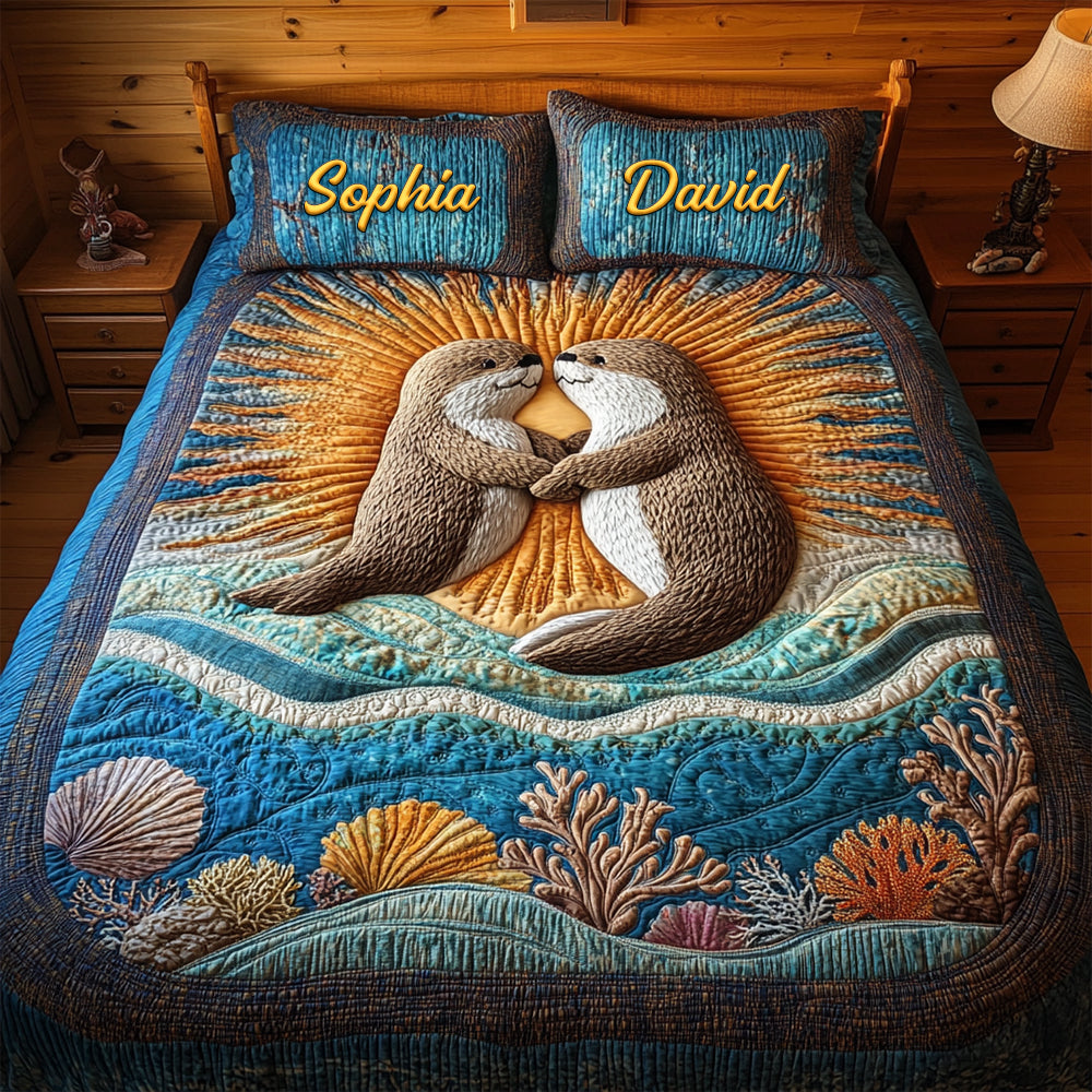 Cute Otter Couple Beach Quilt Bed Set Special Line- Personalized Gift For Couple 08TGLU150425-Homacus
