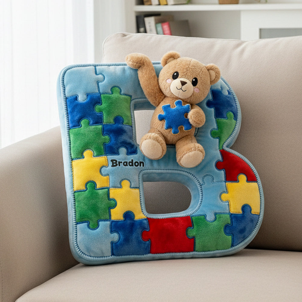 Autism Bear Alphabet Initial Letter Custom Shaped Pillow - Personalized Gifts For Kids 04natn101225-Homacus