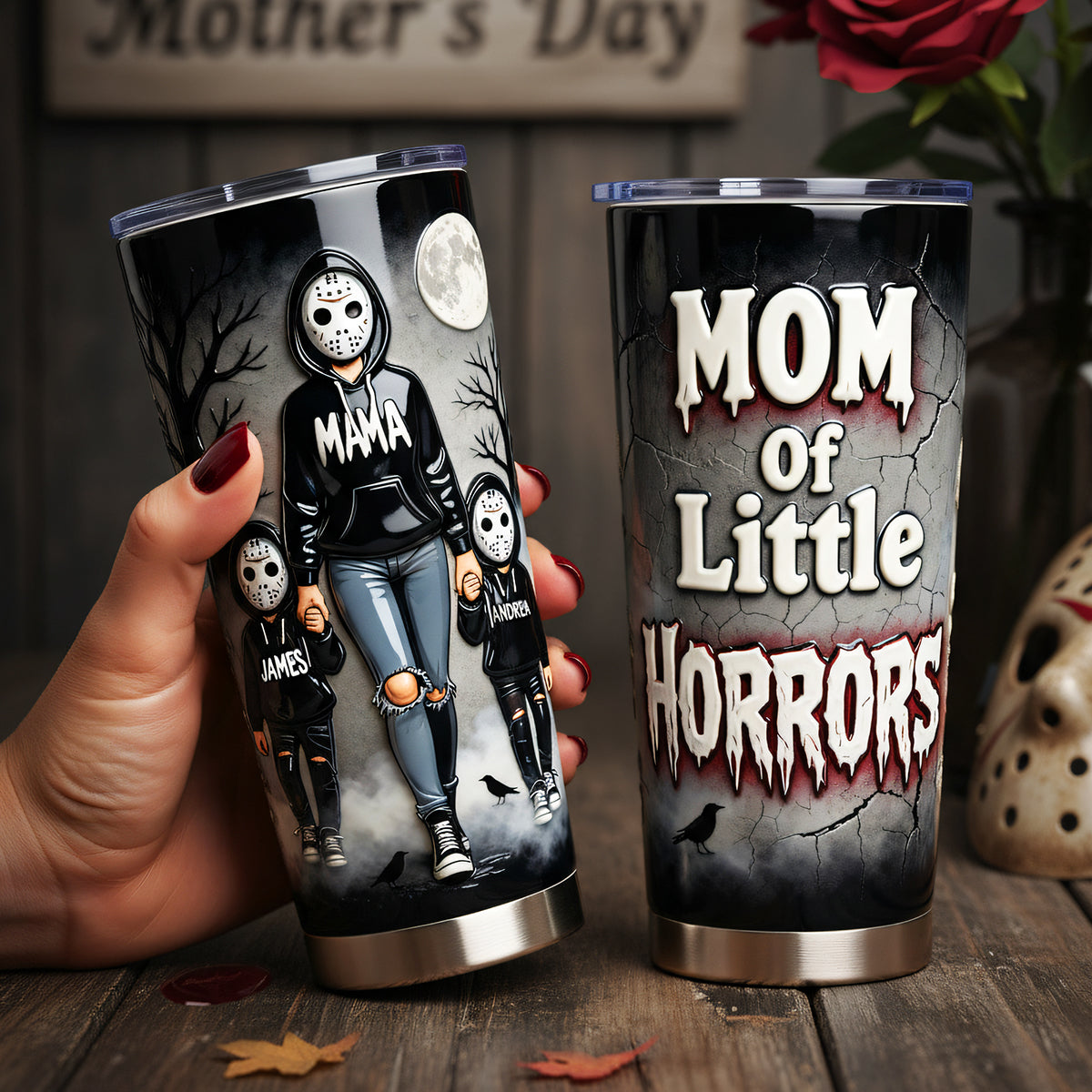 Horror Mom And Kids 20oz Tumbler - Personalized Gifts For Mother's Day Tumbler 02NATA250226-Homacus