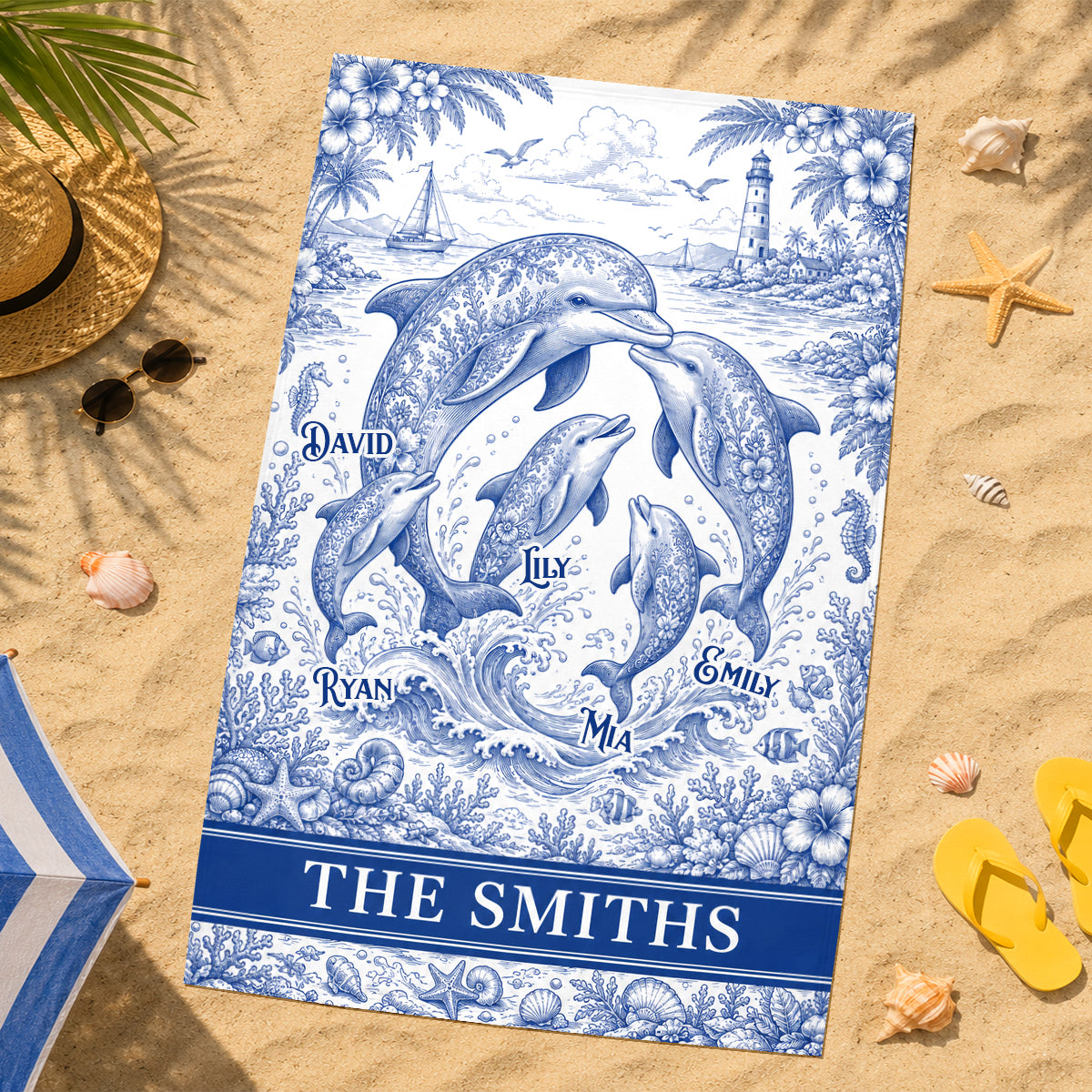 Symphonic Dolphin Family Toile De Jouy Beach Towel, Personalized Gifts For Families 01qhdh210726-Homacus